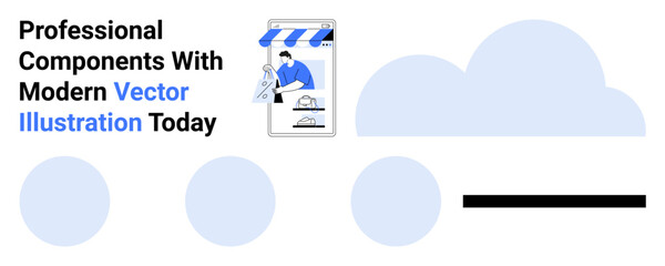 Designer customizing vector artwork on a digital device surrounded by circles, cloud graphics. Ideal for design tools, creativity, modern interfaces, workflow, SaaS platforms. Perfect flat landing