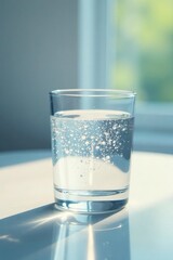 Simple and elegant glass of clean water with subtle morning light illuminating its surface, reflection, purity