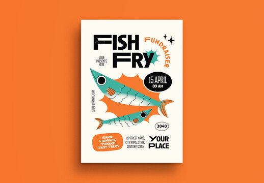 Orange Quirky Illustration Fish Fry Fundraiser Flyer Layout