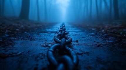 A long metal chain lies on a damp path in a fog-laden forest, evoking intrigue