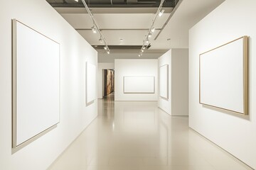 Subtly lit modern gallery space featuring blank canvases on white walls.