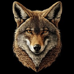 Fototapeta premium Detailed Portrait of a Wild Coyote with Intense Eyes and a Luxurious Fur Coat on a Black Backdrop