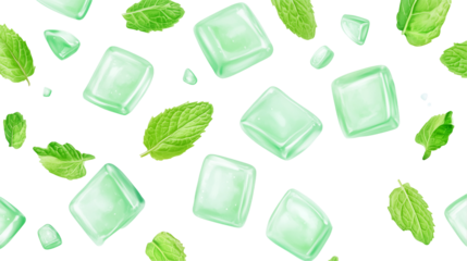 Refreshing Mint Ice Cubes Seamless Pattern Design art cool isolated on transparent background