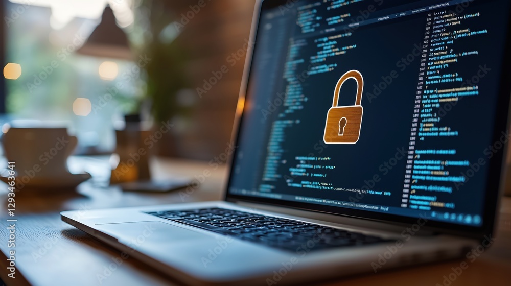 Poster modern laptop displaying cybersecurity code and lock icon in a cozy workspace with a coffee cup on t