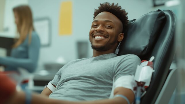 A man donates blood for people in need. Blood donors of the floor sit in the chairs of the clinic during the blood transfusion process.