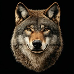 Fototapeta premium Majestic Wolf Head Detailed Portrait Against a Dark Backdrop Intense Gaze and Noble Expression
