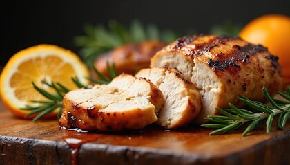 Closeup of tasty sliced roast chicken breast served on wooden board with orange, rosemary. Delicious grilled food. Cooked poultry. High-quality protein. Organic meat fillet. Healthy eating. Barbecue