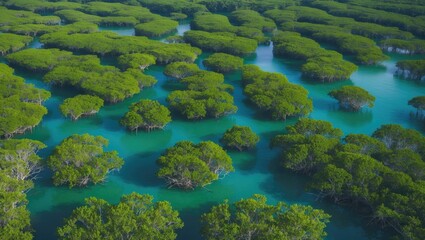 Aerial view of lush mangrove forests showcasing natural carbon capture and blue carbon ecosystems for climate change mitigation.