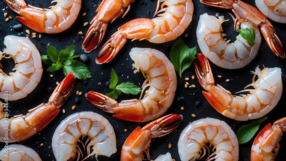 Aufkleber top view of fresh prawns on black surface with herbs and space for text in culinary presentation or 