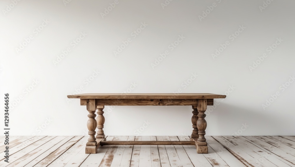 Poster empty vintage wooden table on a white background ready for product display with ample space for bran