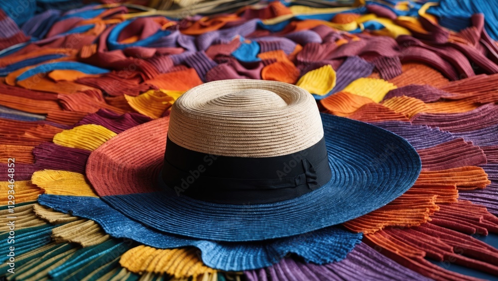 Poster colorful woven hat placed on a vibrant textile background showcasing intricate patterns and textures