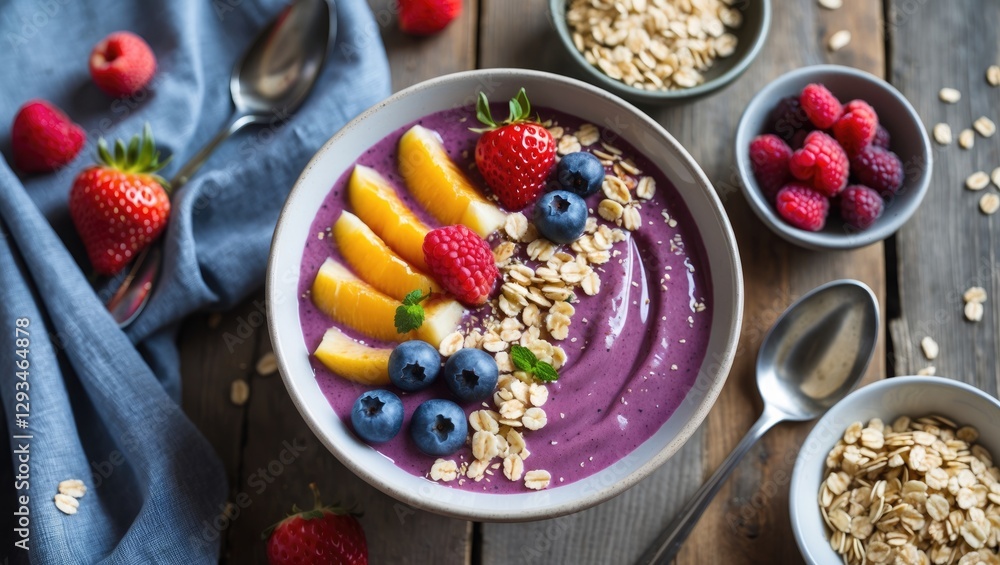 Poster colorful smoothie bowl topped with fresh fruits oats and berries on rustic table with empty space fo