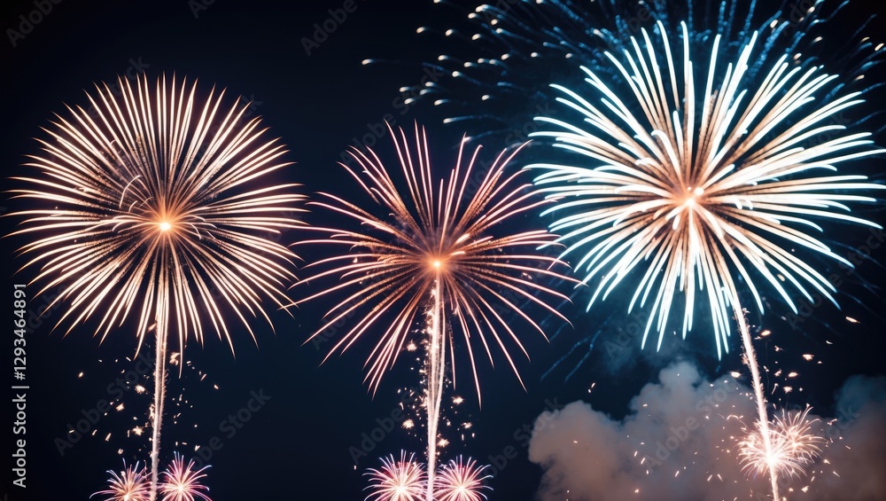 Poster three colorful fireworks bursting in night sky with empty top and bottom space for text or branding 