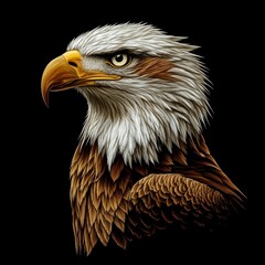Obraz premium Majestic Bald Eagle Portrait Sharp Eyes Golden Beak Feathers Brown and White Against Stark Black Backdrop
