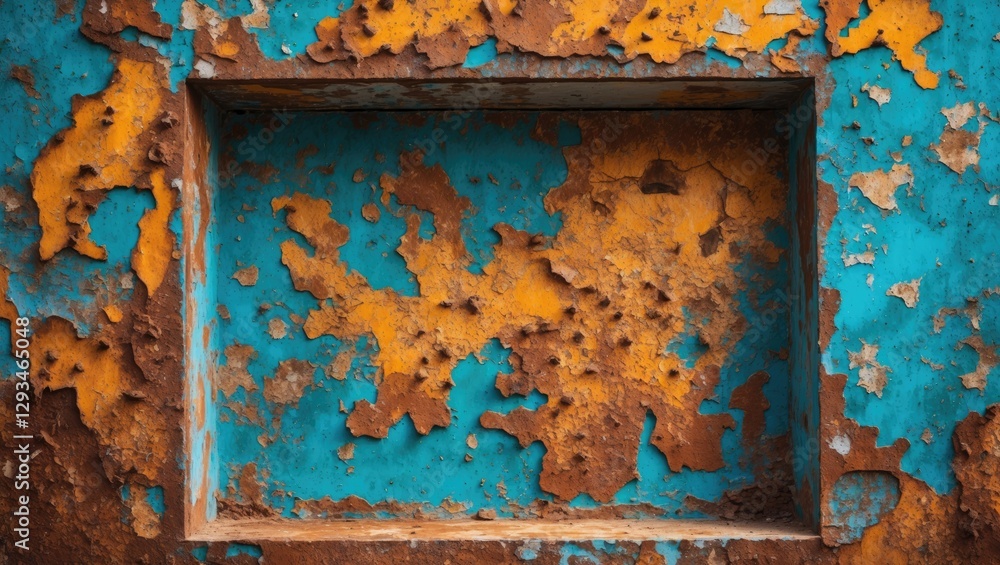 Poster vibrant texture of weathered rust wall featuring peeling blue and orange paint with intricate patter