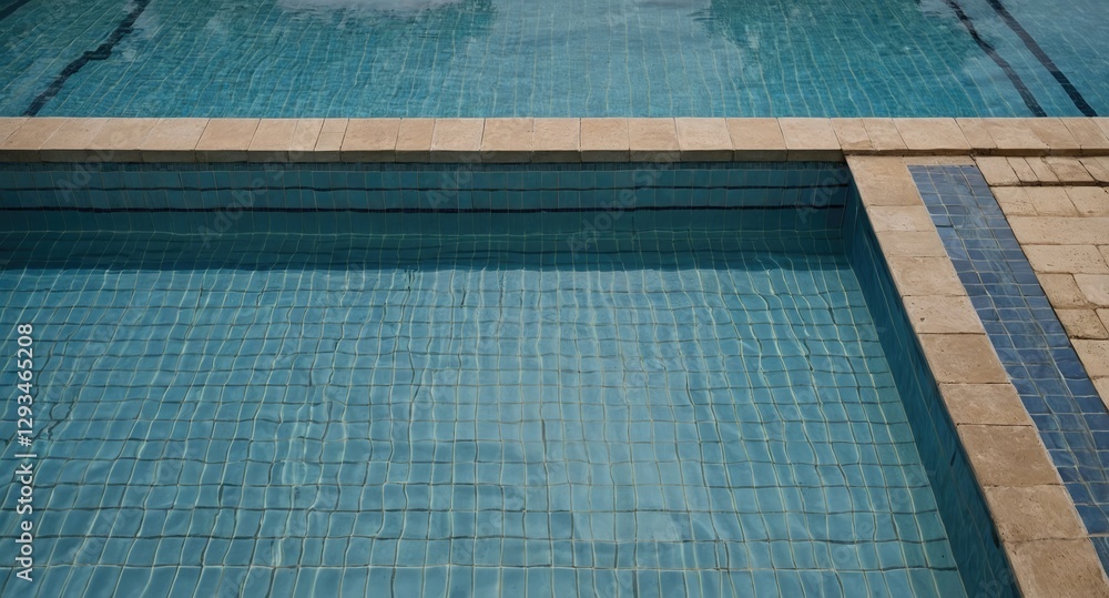 Aufkleber top view of swimming pool with stair tiles and clear water surface featuring empty space for text ov