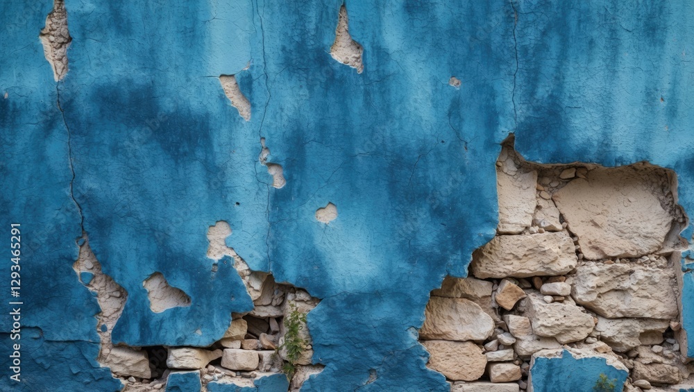 Poster blue textured wall with peeling paint and exposed stone creating a distressed and rustic urban aesth