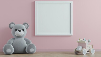 Scandinavian fashion designd child's room with an empty frame in pink.