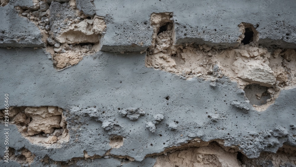Poster texture of weathered rustic wall featuring gray stucco with intricate details and exposed elements f