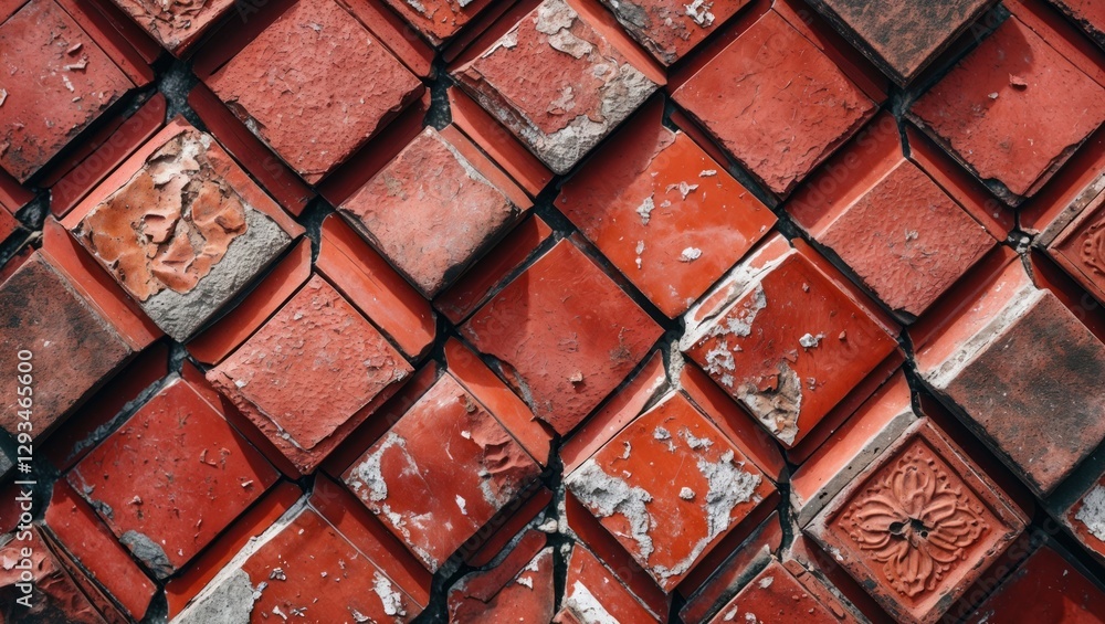 Poster close-up view of weathered red ceramic tiles showcasing intricate textures and patterns in an aged a