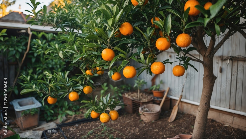 Poster tangerine tree abundant with fruit in backyard garden surrounded by soil and garden tools with copy 