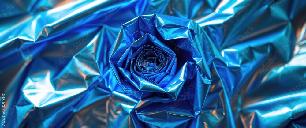 Poster blue metallic crumpled paper texture with swirling pattern close-up for creative backgrounds and des