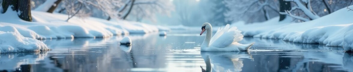 Swans gliding on the icy river in a snowy winter scene, nature, icy