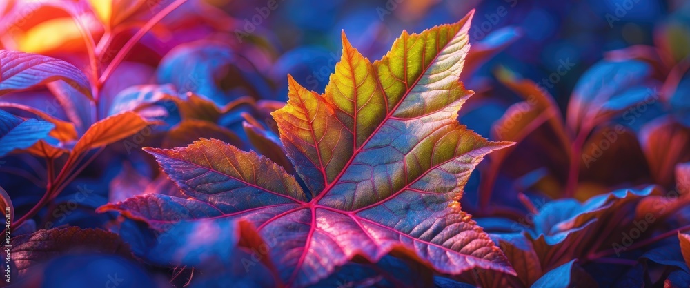 Poster vibrant close-up of a multicolored leaf showcasing intricate textures and patterns against a blurred