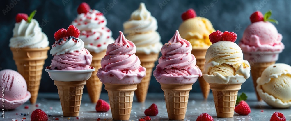 Poster vibrant array of colorful ice cream cones with fresh raspberries and space for customizable text