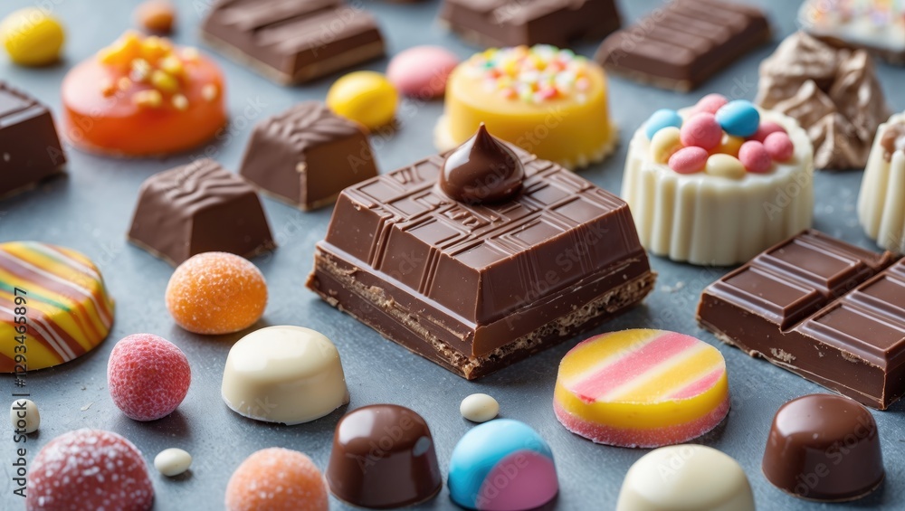 Aufkleber assorted chocolate candies and sweets on grey surface with empty space for customizable text or prom