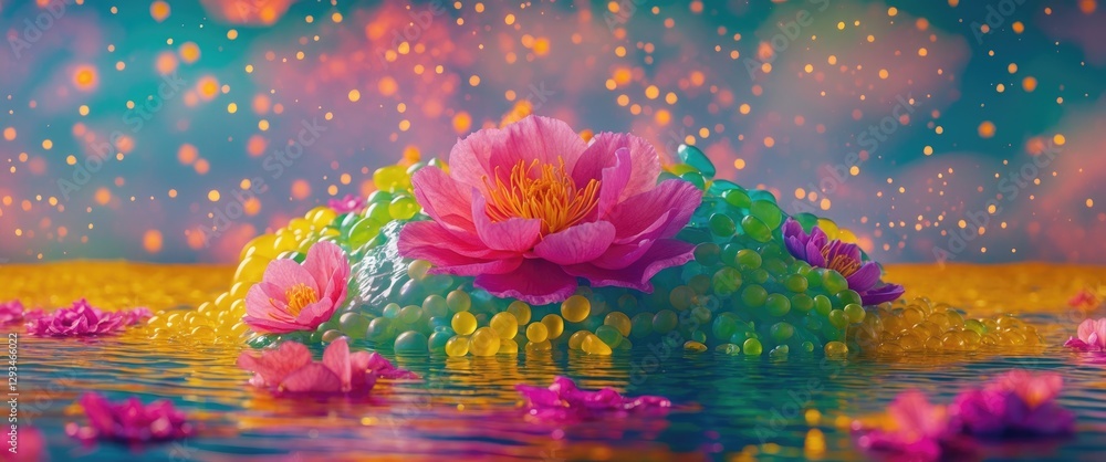 Aufkleber vibrant water lilies floating on colorful gel-like surface with dreamy bokeh background creating a s