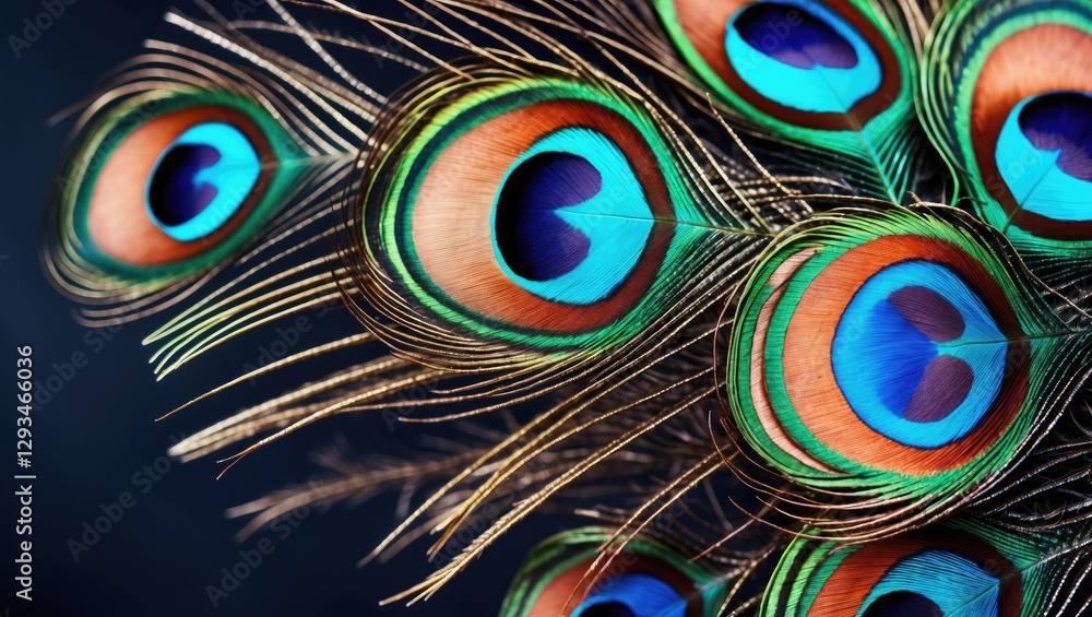 Poster vibrant close-up of peacock feather texture showcasing intricate patterns and vivid colors in nature