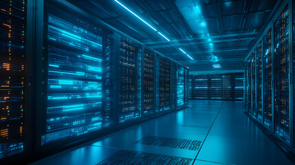 high tech data center with rows of glowing blue servers and advanced technology, showcasing futuristic and efficient environment. sleek design and ambient lighting create modern atmosphere