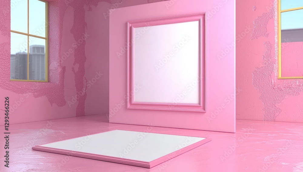 Poster expansive pink room with a frame mockup on a pristine canvas, 3d visualized.