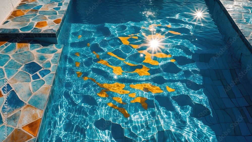 Aufkleber sunlight creating abstract reflections in a clear blue swimming pool from above with colorful stone 