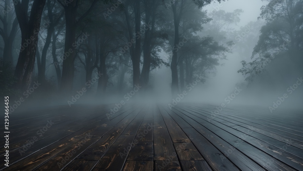 Poster mysterious fog enveloping dark wooden floor in tranquil forest setting creating an atmospheric and s