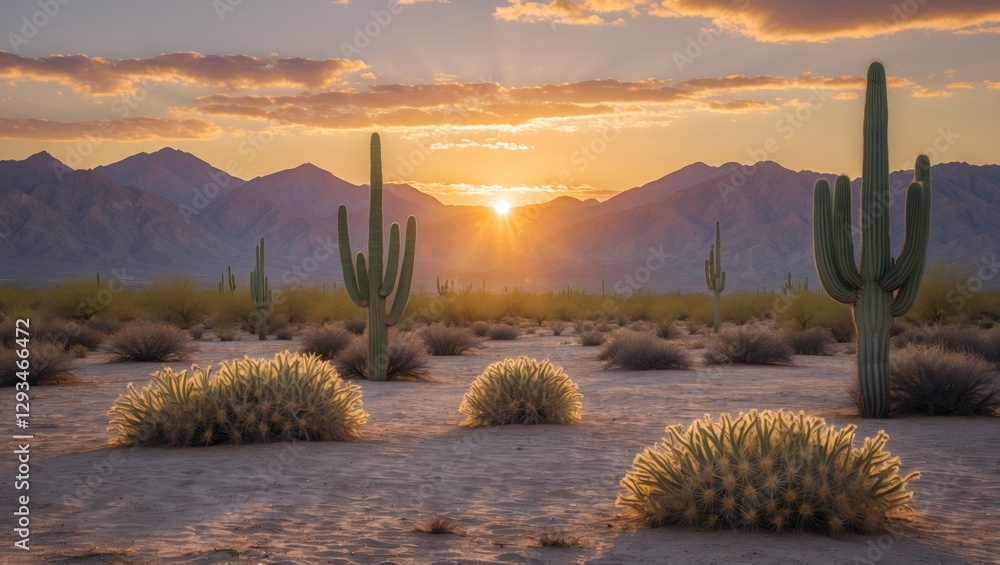 Poster desert sunset landscape with cacti and mountains featuring open space for text addition