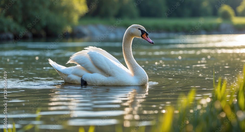 Poster graceful swan gliding through calm waters in summer with lush greenery and empty space for text over
