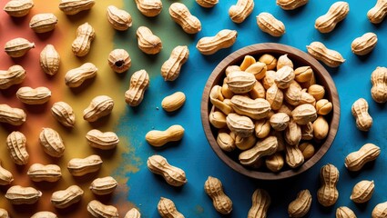 Peanuts in a wooden bowl surrounded by scattered peanuts on a vibrant blue and orange background ideal for food and snack themes.