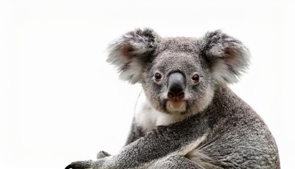 Naklejka premium Cute Koala Lounging on White Background Adorable Australian Icon Radiating Tranquility and Charm in a Clean, Minimalist Setup