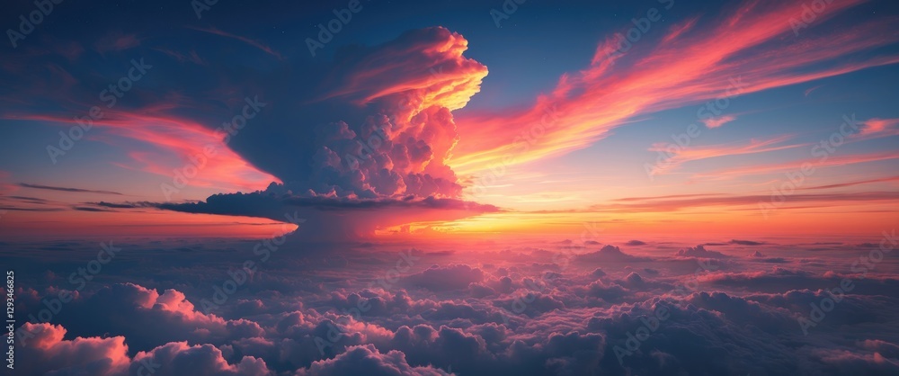 Poster vibrant sunset over expansive clouds with dramatic sky and space for text integration in nature back