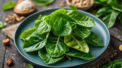 Fresh Green Edible Leaves Placed on a Blue Plate Surrounded by Natural Ingredients on Rustic Wooden Table