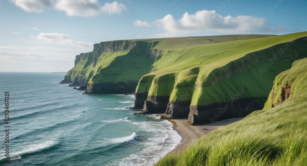 Poster majestic green cliffs rising above serene shoreline with ocean waves and open space for text or bran