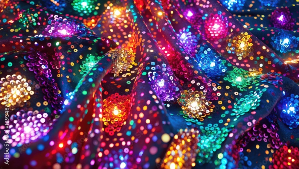 Poster colorful sequined fabric background with vibrant lights creating a festive and joyful atmosphere ide