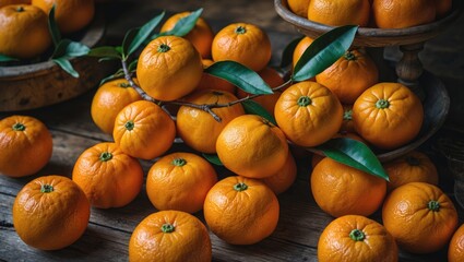 Fresh tangerines with leaves scattered on rustic wooden table surface highlighting natural textures and vibrant colors