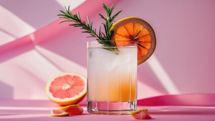 Refreshing Cocktail with Grapefruit Juice and Rosemary Garnish on Pastel Pink Background Perfect for Summer or Celebratory Themes
