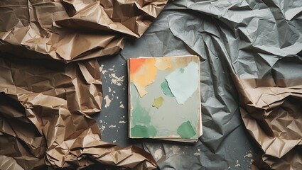 Crumpled brown paper backdrop with pastel paint book on gray surface showcasing artistic texture and creative workspace vibes.