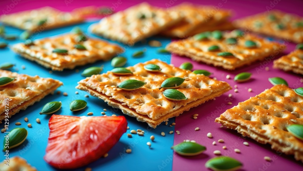 Poster seeded crackers arranged on colorful background with fresh tomato slice and scattered seeds creating