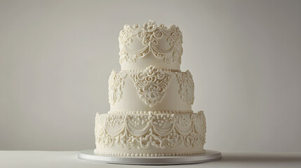 stunning three tiered celebration cake with intricate white icing designs and elegant patterns, perfect for weddings or special occasions