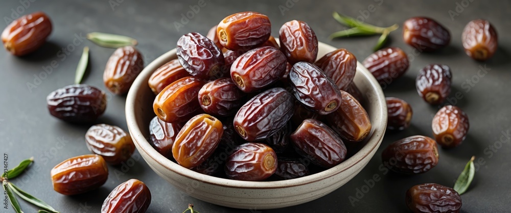 Poster heap of fresh sweet dates in a bowl with olive leaves on dark surface and empty space for text or br